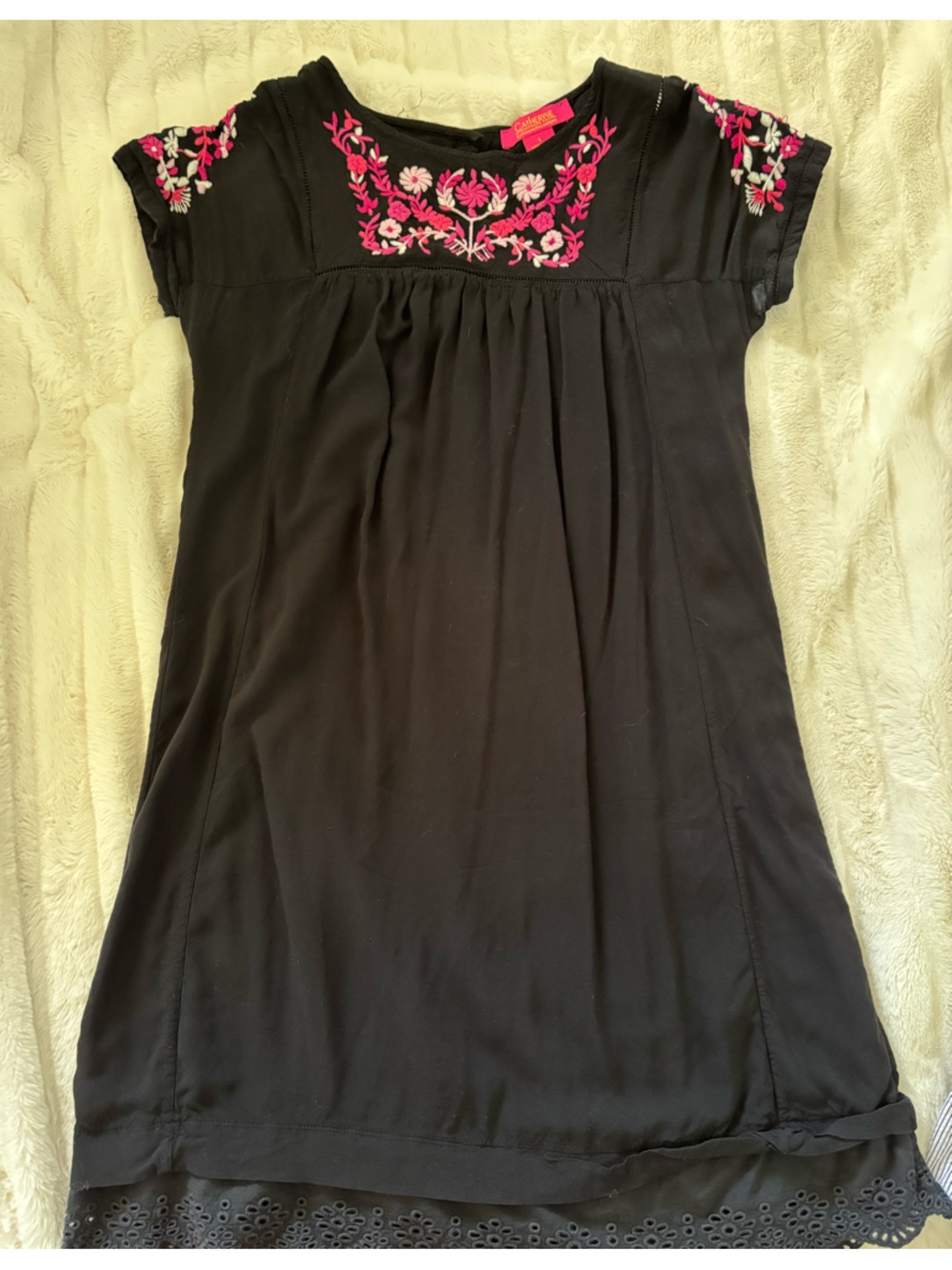 Catherine Malandrino Black Mexicana Dress with Pink & White Floral Embroidery